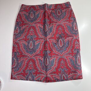 New J Crew Raj Paisley No 2 Pencil Skirt Size 4 Red Blue Back Vented Slit